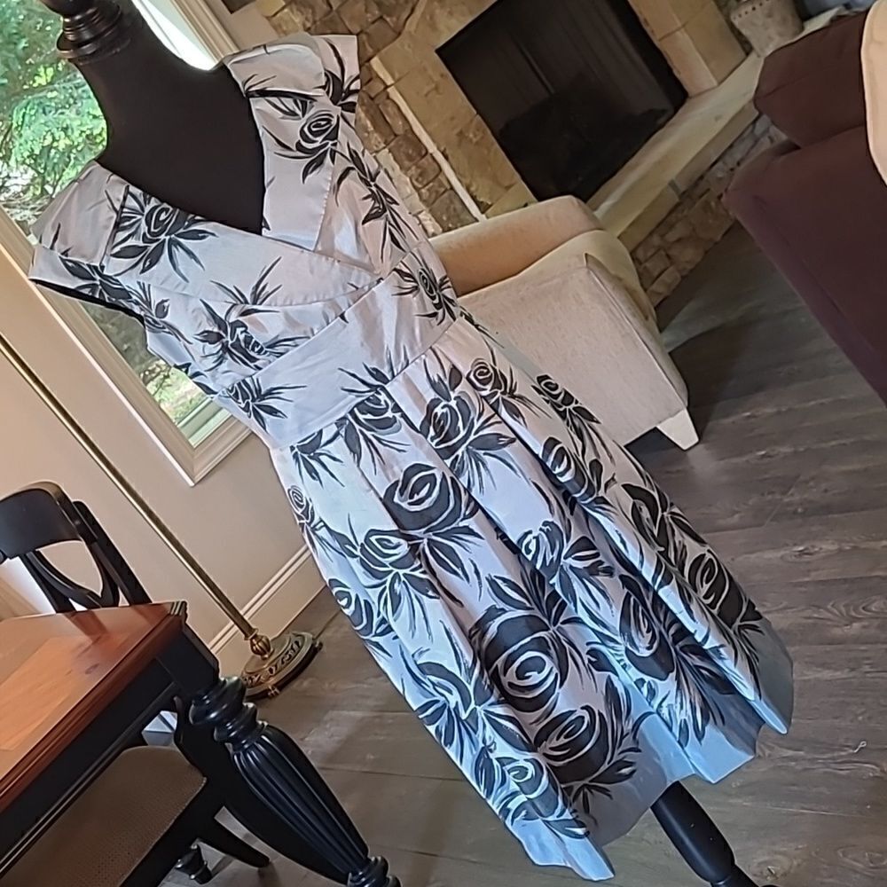 Ceces New York Lined Blue Dress with Black Floral Print